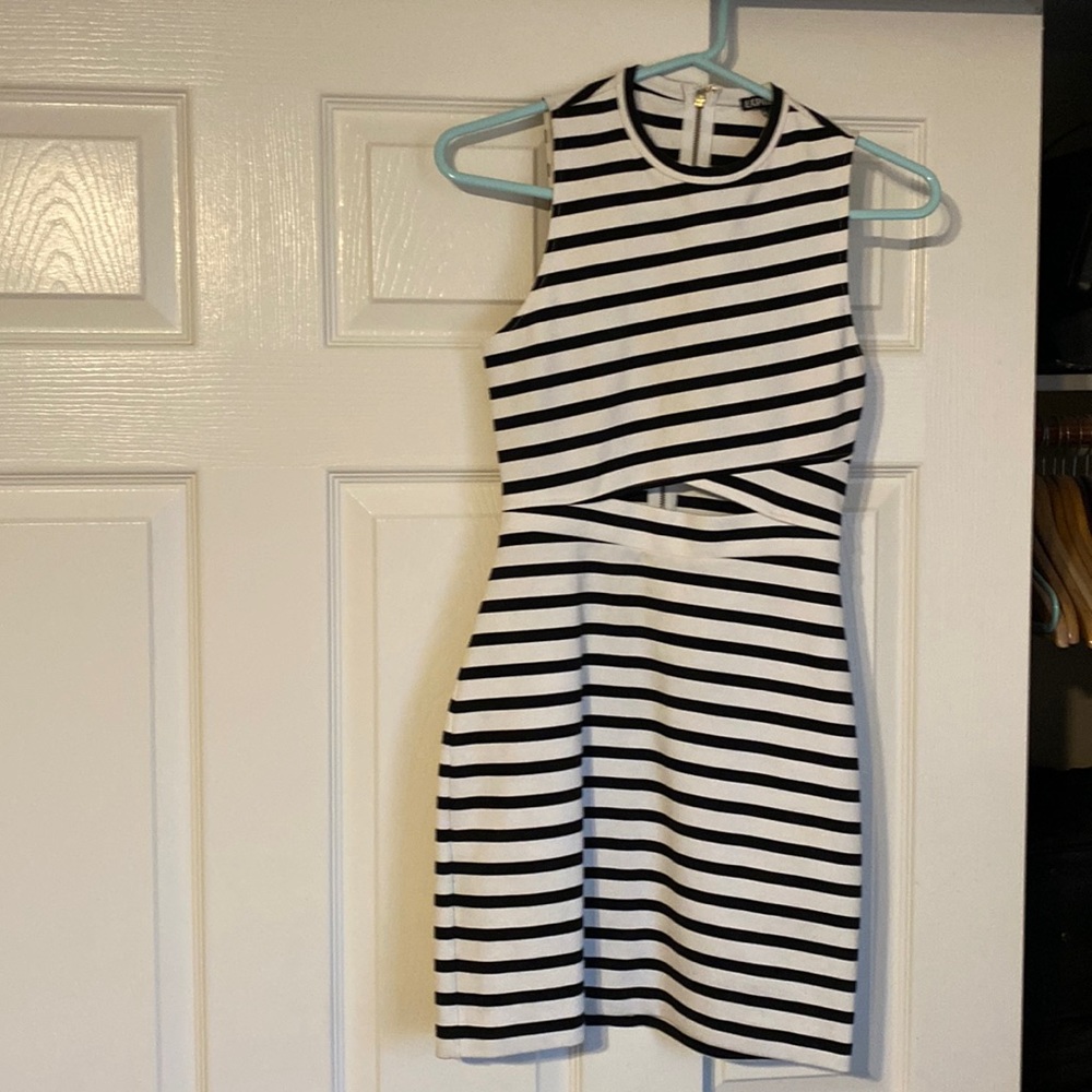 Express Dress Bodycon Cutout Stripes High Neck Sleeveless Stretch Black White 0